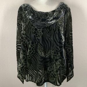 VINTAGE Burnout Velvet Blouse Top Y2K Cowl Whimsigoth Dark Romantic Green 14